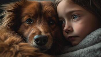 Cute puppy and child embrace in playful portrait of friendship generated by AI photo