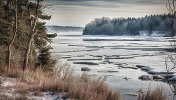 Tranquil winter landscape, frozen water reflects beauty of nature generated by AI photo