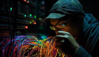 One adult male engineer working on computer network equipment indoors generated by AI photo
