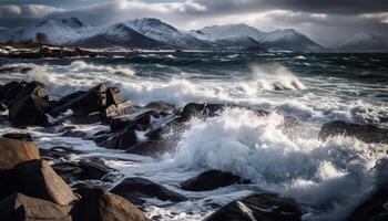 Mountain range meets coastline, waves breaking on rocky terrain generated by AI photo