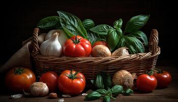 Fresco vegetariano ingredientes en rústico cesta para sano italiano comida generado por ai foto