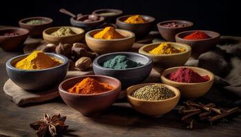 Vibrant spice bowl showcases Indian culture variety of seasoning ingredients generated by AI photo