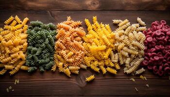 Healthy Italian meal Fusilli, macaroni, and penne on wooden table generated by AI photo