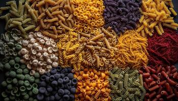 Healthy eating with a variety of Italian pasta shapes and colors generated by AI photo