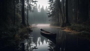 Tranquil scene of a dark forest with fog and reflection generated by AI photo