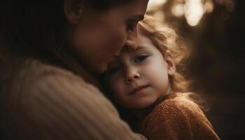 madre y niño abarcar, compartiendo amor y felicidad al aire libre generado por ai foto