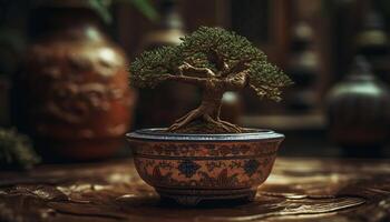 Antique earthenware vase with ornate Chinese design and potted plant generated by AI photo