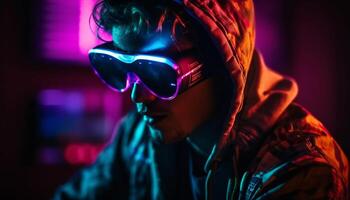 Young adult males in sunglasses looking at city nightlife outdoors generated by AI photo