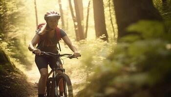 sano estilo de vida ciclismo en naturaleza, explorador bosques, con Deportes casco generado por ai foto