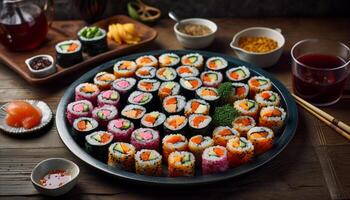 Gourmet seafood meal with fresh sashimi, maki sushi, and avocado generated by AI photo