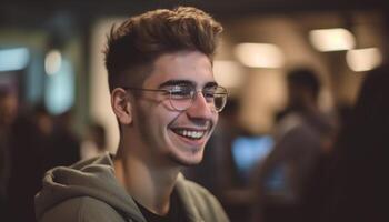 joven adultos sonriente en casual ropa, disfrutando ciudad la vida nocturna al aire libre generado por ai foto