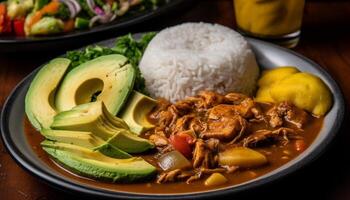 recién cocido comida A la parrilla bife, al vapor arroz, y vegetal ensalada generado por ai foto