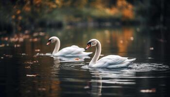 Mute swans grace tranquil scene, reflecting natural beauty and elegance generated by AI photo