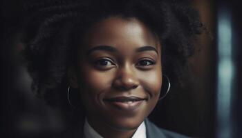 confidente joven africano americano mujer de negocios con hermosa Rizado pelo sonriente generado por ai foto