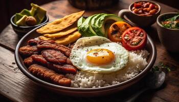 Grilled pork steak with tomato sauce on rustic wooden plate generated by AI photo