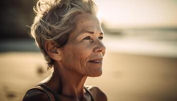 Senior woman enjoys carefree vacation, smiling in nature beauty generated by AI photo