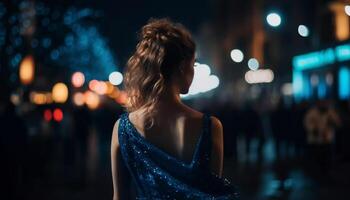 One young woman standing outdoors, enjoying city nightlife and celebration generated by AI photo