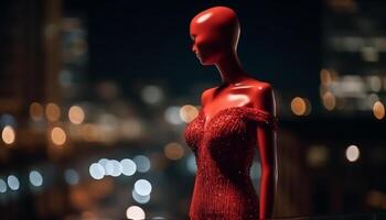 uno elegante mujer en pie en iluminado Moda boutique, compras glamorosamente generado por ai foto