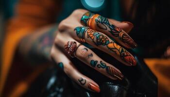 vibrante alheña tatuaje en joven mujer mano vitrinas indígena cultura generado por ai foto
