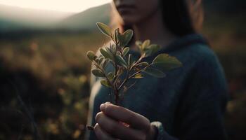 adulto mujer participación un amarillo flor en un verde bosque generado por ai foto