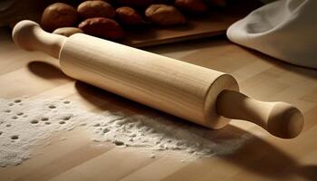 Organic dough rolled on wooden board for homemade bread recipe generated by AI photo