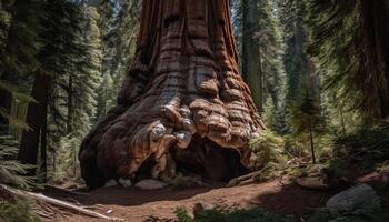 Tranquil scene of majestic mountain with coniferous trees and water generated by AI photo