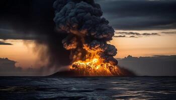 ardiente puesta de sol cielo, natural fenómeno de fuego y destrucción generado por ai foto