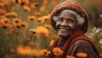 uno mujer sonriente, mirando a cámara, disfrutando naturaleza belleza generado por ai foto