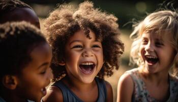 Smiling children enjoying summer outdoors, bonding in multi ethnic group generated by AI photo