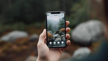 mano participación inteligente teléfono, fotografiando naturaleza, inalámbrico comunicación en bosque generado por ai foto