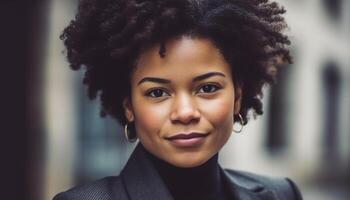 joven africano americano mujer de negocios sonriente con confianza en ciudad, cerca arriba retrato generado por ai foto