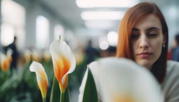 Young woman smiling, holding flower, looking at camera indoors generated by AI photo