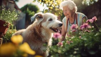 Smiling seniors enjoy nature with cute dog in backyard relaxation generated by AI photo