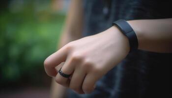 joven mujer participación inteligente teléfono y reloj de pulsera, enfoque en primer plano generado por ai foto