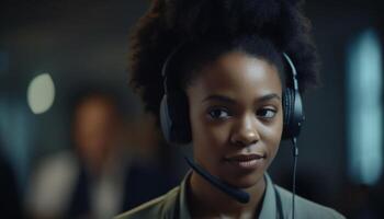 joven adulto sonriente, escuchando con auriculares, tecnología trae felicidad generado por ai foto