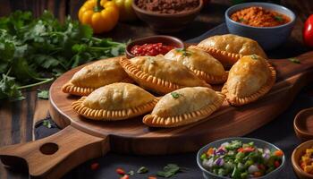 Fresh homemade gourmet meat pie on rustic wooden cutting board generated by AI photo