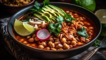 Fresco vegetal sopa con cilantro, Lima, y chile pimienta especia generado por ai foto