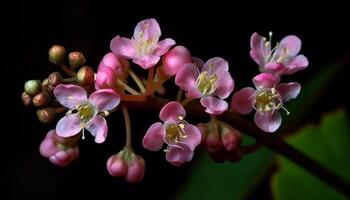 orgánico ramita con soltero flor, rosado pétalo y verde hoja generado por ai foto