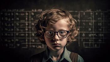 Serious schoolboy studying mathematics, looking at camera with concentration generated by AI photo