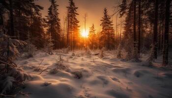 tranquilo escena de invierno bosque, espalda iluminado por puesta de sol luz de sol generado por ai foto