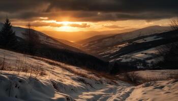 Tranquil sunset over snowy mountain range, beauty in nature captured generated by AI photo