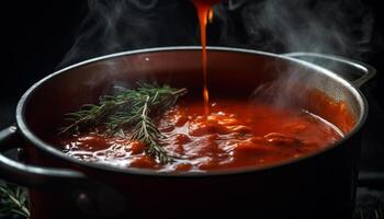 A la parrilla carne y vegetal guiso, cucharón dentro un metal cuenco generado por ai foto