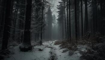 Mysterious winter forest beauty in nature, tranquil scene, spooky mystery generated by AI photo