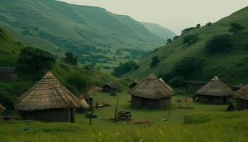 Green hut on mountain meadow, showcasing rural African architecture generated by AI photo