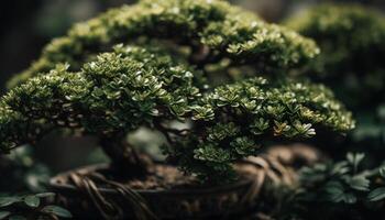 Fresh green leaf on wet branch in tropical forest background generated by AI photo