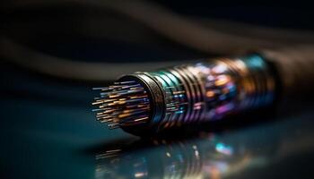 Sharp pencil on wooden table with colorful spools in background generated by AI photo