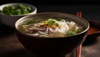 Fresh vegetable noodle soup with pork and chili pepper spice generated by AI photo