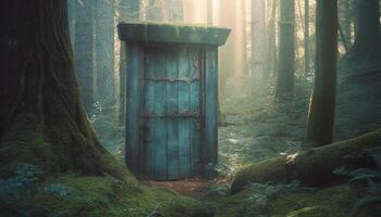 escalofriante antiguo puerta en el bosque Guías a misterio dentro generado por ai foto