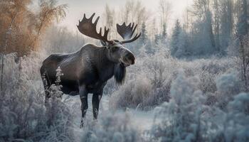 Horned elk grazes in tranquil winter forest, majestic and serene generated by AI photo