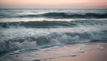 tranquilo marina a oscuridad, olas rotura en arenoso línea costera generado por ai foto